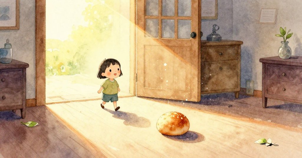 從小生物視角看見桌上緩緩膨脹的麵團，表面隱現細小裂痕，溫暖色調引發好奇心。