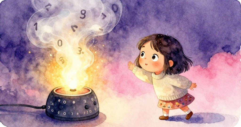 米高靠近冒蒸氣的計時器，霧氣中數字若隱若現，暖光交織營造出神秘奇幻的氛圍。