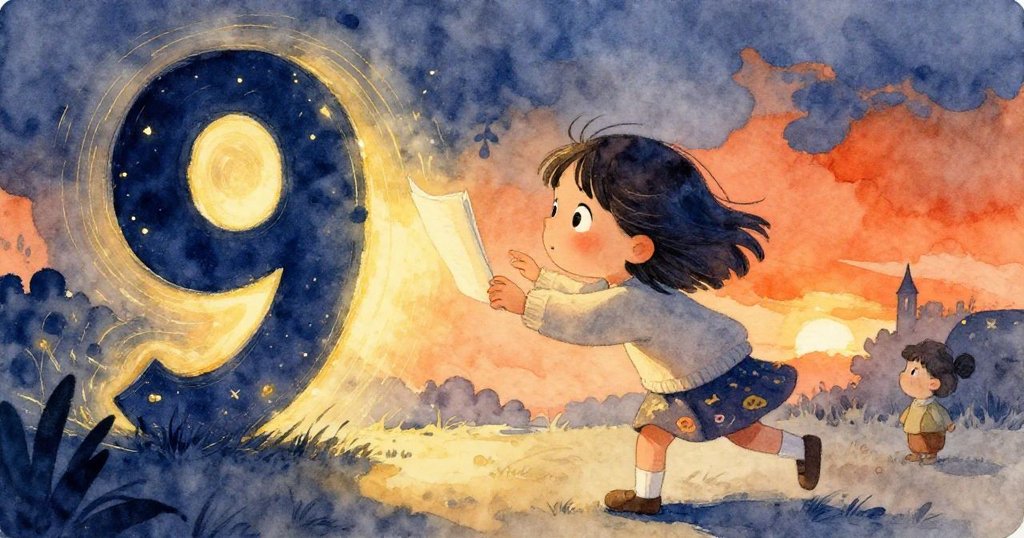 米高邁步向左，專注凝視重新浮現的數字九，臉上流露出堅定與探索的神情。