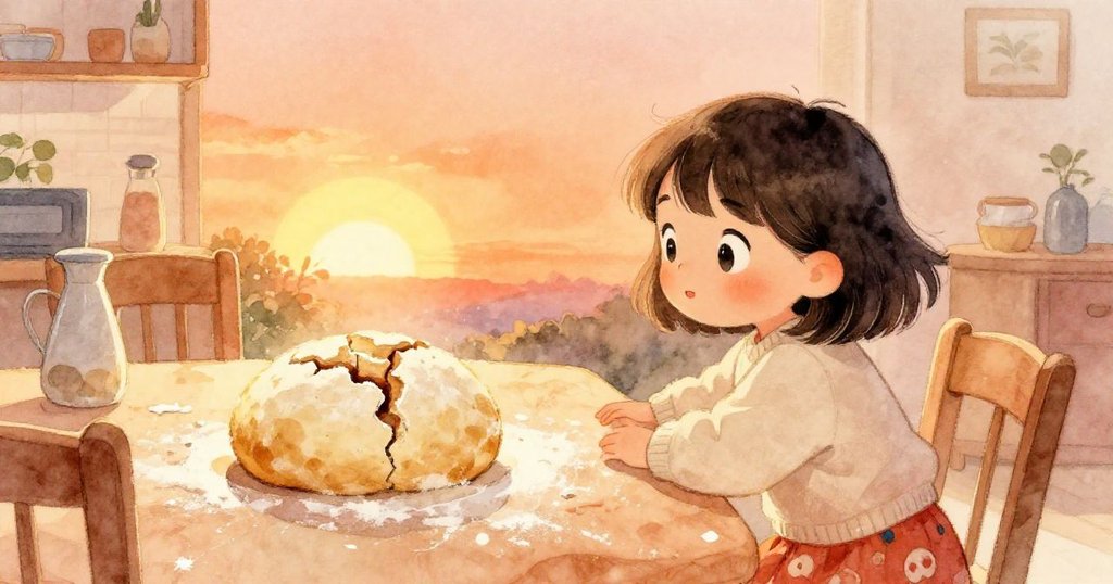 米高帶著滿足微笑凝視桌上逐漸膨脹、裂縫加深的麵團，晚霞金光灑落營造寧靜溫暖結局。