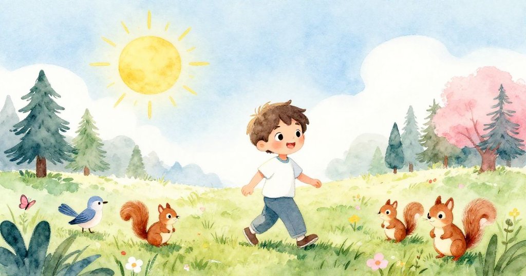 在明亮的天空下,Leo邁步走在有小鳥、松鼠和蝴蝶圍繞的花園中,臉上充滿期待,展現故事開始的溫暖情景