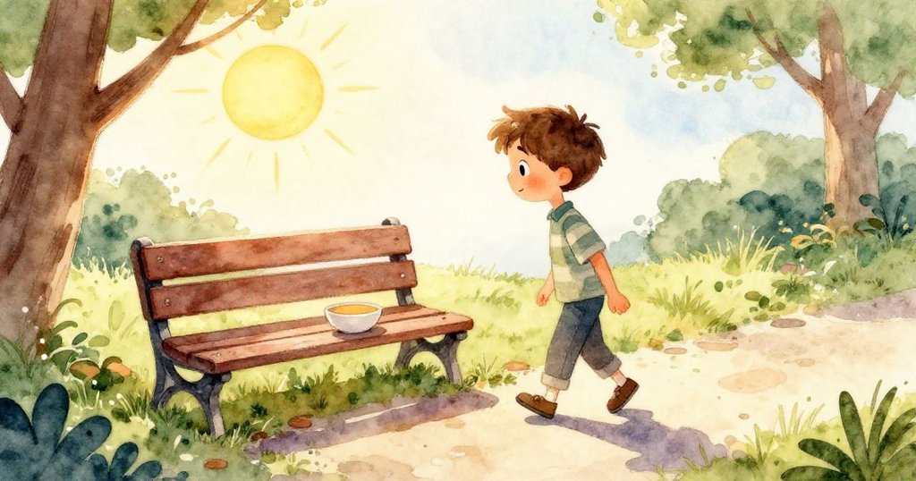 Leo的腳步在土壤上留下溫暖的腳印,近景聚焦細節,展現他出發時充滿決心與溫柔的動作