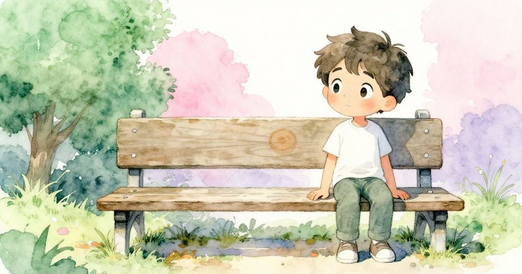 在低角度鏡頭中,Leo停在一張帶有圓形熱痕的長椅前,表情謹慎與好奇,展現故事發展中的轉折點