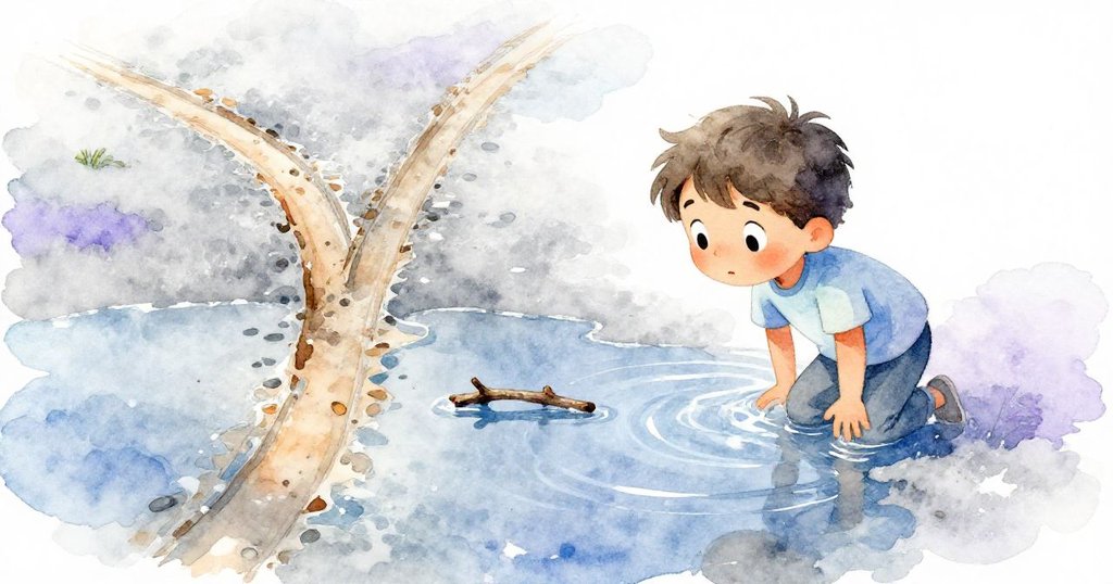 在一個淺水坑中,Leo好奇地觀看交錯如賽車輪的溫暖痕跡和細小的樹枝倒影,呈現出奇幻的水下視角