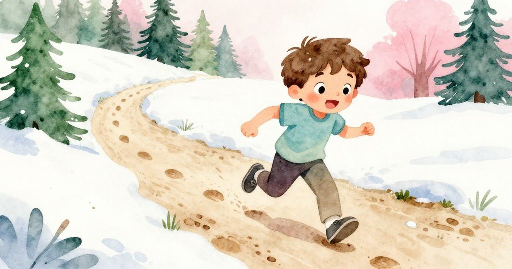 Leo興奮地追逐著溫暖的腳印,邊數邊奔跑,臉上洋溢著冒險與歡愉,故事進入熱情的追逐段落