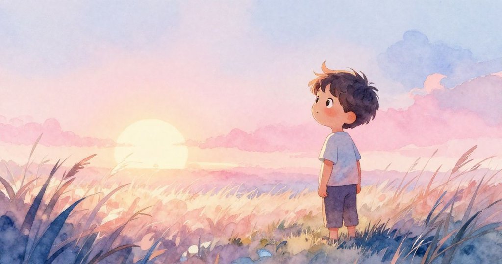 在夕陽餘暉中,Leo站在暖意融融的草地旁,臉上滿是滿足,整個場景流露出寧靜與溫馨,迎來故事完結的美好時刻