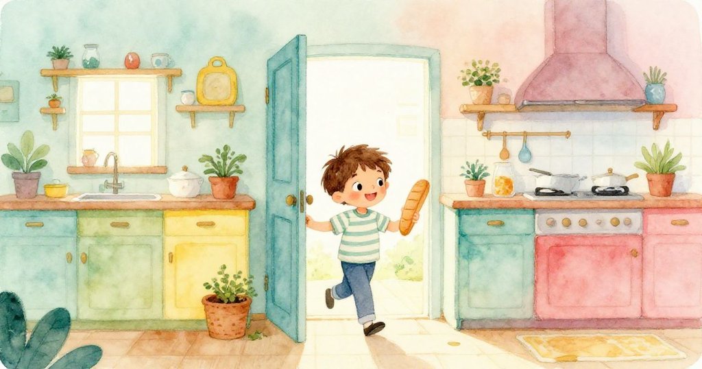 Liam走進光線明亮的廚房，手持圓形麵包和小刀，充滿期待，廚房內裝飾溫馨，充滿故事開端氣氛。