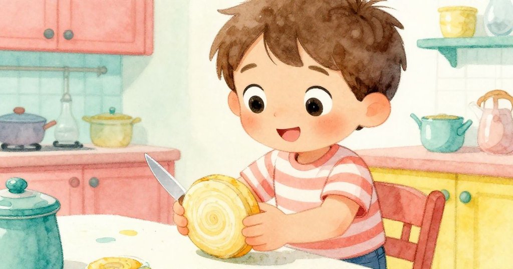 Liam專注地注視麵包，雙手輕握小刀與麵包，臉上流露認真神情，近距離展示廚房準備美食情景。