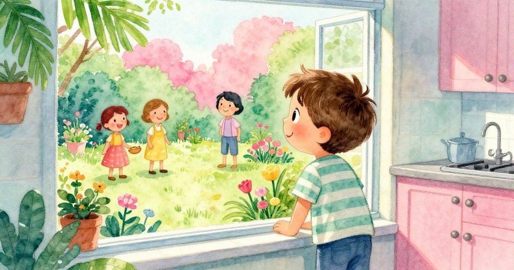 Liam透過廚房窗戶看向充滿綠意的花園，鄰居們熱切等待，臉上帶著好奇與喜悅，室內外交織溫馨氣氛。