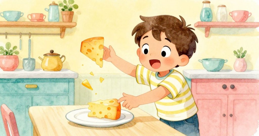 Liam迅速伸手抓取滑落的起司，臉上表露驚訝與決心，動感場景中展現廚房緊張烹飪瞬間。