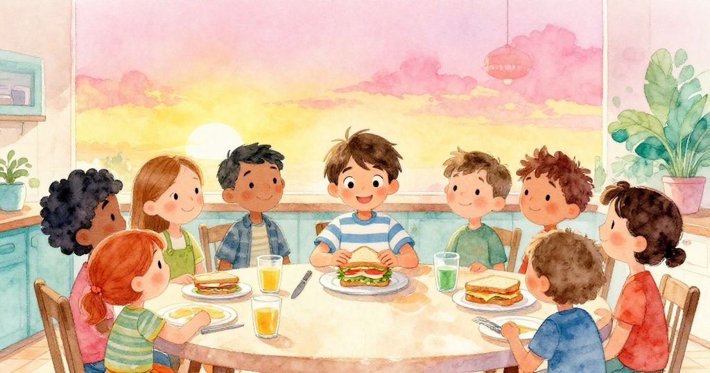 Liam輕輕按壓整齊的三明治，廚房桌上笑臉圍繞，滿足氛圍溫馨落幕，展現烹飪成功結局。