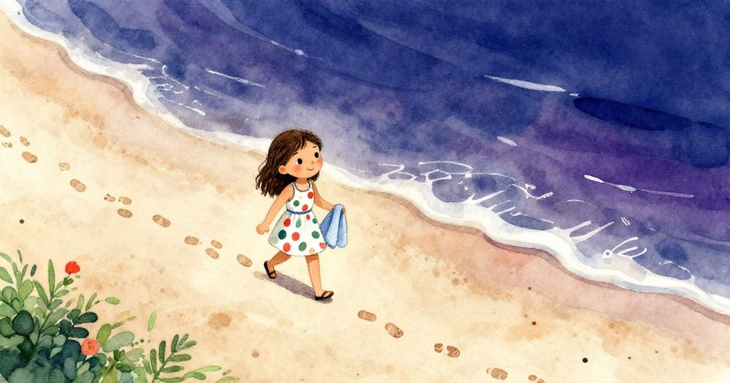 莉莉手持藍色毛巾走在寬闊沙灘上,腳下留下溫暖腳印與兔子痕跡,表情充滿好奇與探索。