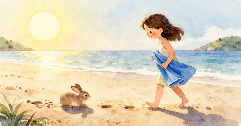 莉莉伸手輕觸溫暖沙粒,細膩兔子足印在沙面上呈現豐富質感,充滿探索與柔情。