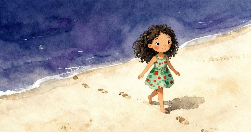 從兔子視角看,莉莉輕步穿越沙灘,細小足跡連成故事,展現溫柔探索與自然親密互動。