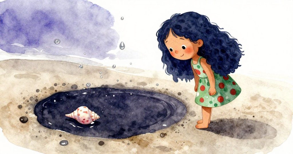 莉莉小心跨步向濕沙圈走去,水珠閃爍、折疊貝殼靜臥其旁,充滿神秘與探索氛圍。