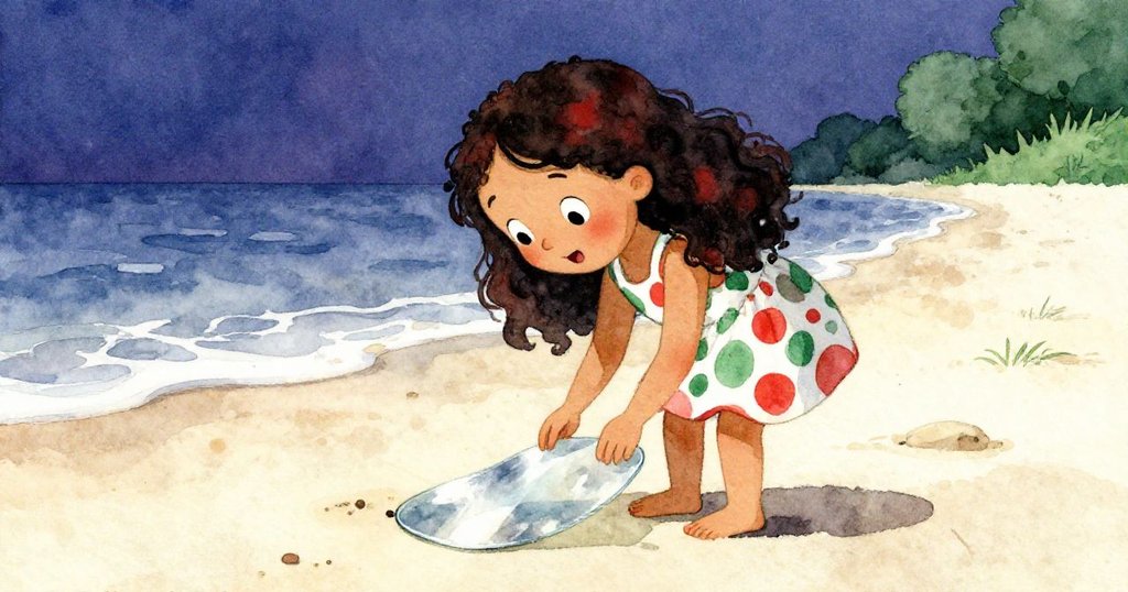 莉莉彎腰驚視閃光平面,臉上流露驚奇與猶豫,沙灘背景呈現溫柔的光影交融。