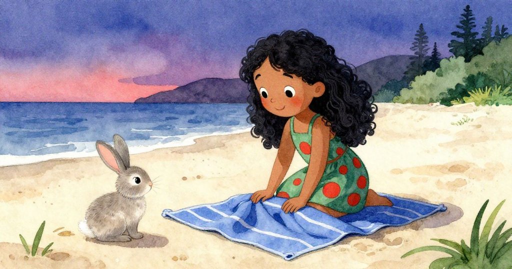 莉莉輕柔展開藍色毛巾於淨沙上,旁邊兔子靜靜觀望,全場充滿溫馨與和平的結局。