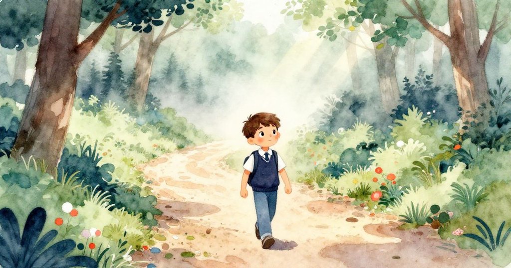 米洛步行回家,穿著校服,沿著滿是晨霧的大自然小徑前進,充滿期待與溫暖情緒