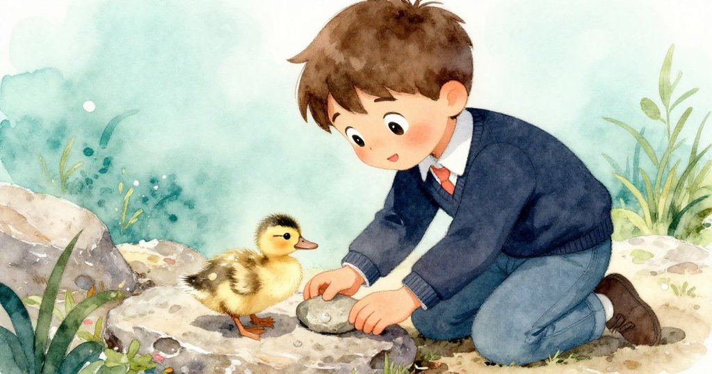 米洛彎膝移開平石,輕輕揭開藏在岩石後的幼鴨,石面與羽毛細節清晰,充滿探索與關心情緒