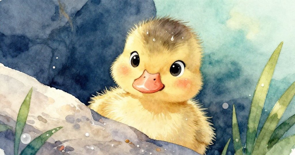 幼鴨從岩石後偷看,眼神充滿驚奇與好奇,羽毛在陽光下閃閃發亮,傳達溫暖期待情緒