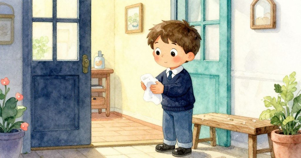 米洛踏入溫馨家中,站在木質長椅旁輕拭塵土,室內充滿家庭溫暖與回憶情懷