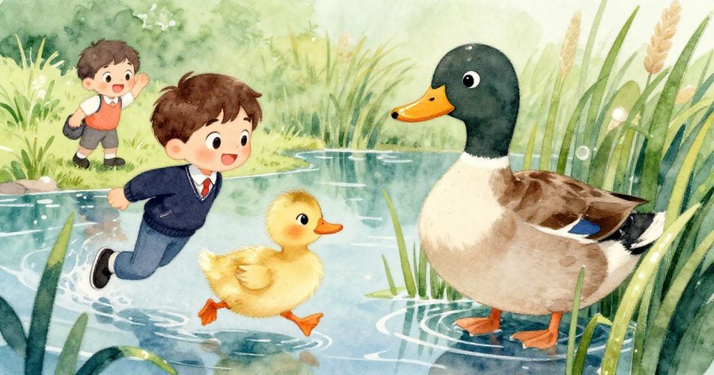 池塘邊,幼鴨急奔向從蘆葦中出現的大鴨,米洛滿臉笑意觀看,生動呈現自然界溫馨互動