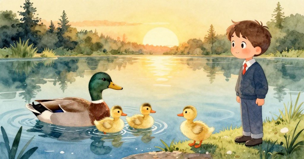 夕陽下的池塘波光粼粼,米洛靜立岸邊注視鴨家族優雅游動,場景充滿寧靜與溫暖的落日情懷