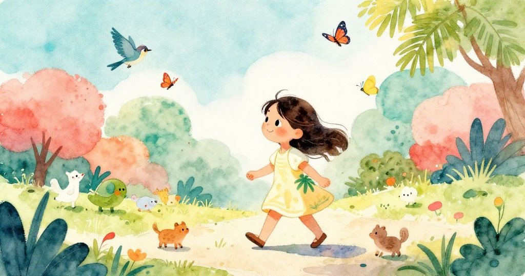 莉娜在陽光明媚的小徑上行走，周圍有蝴蝶飛舞和小動物在草叢中穿梭，她的神情充滿期待與好奇，充滿活潑氣息。