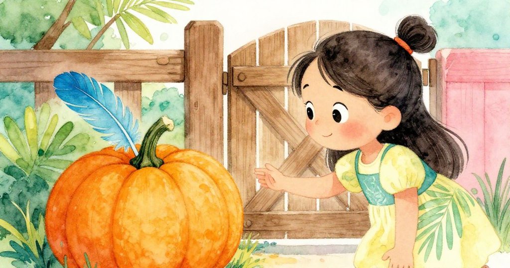 莉娜低頭仔細觀察木門旁的南瓜，上面附著一根藍色羽毛，表情中充滿驚奇與溫柔，散發出一絲神秘魅力。