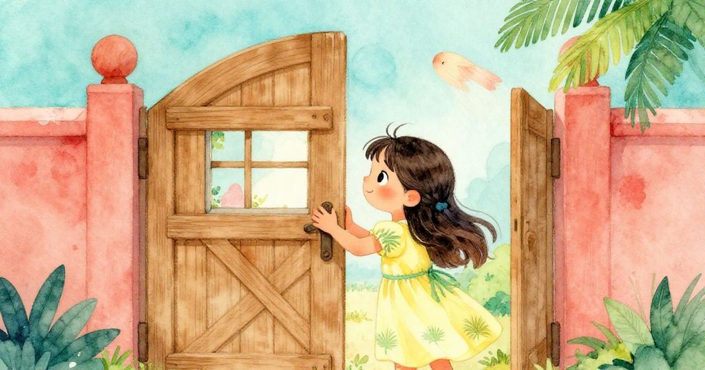 莉娜透過半開的木門觀看外面景致，輕觸門欄，眼神專注，充滿探險與期待的情緒。