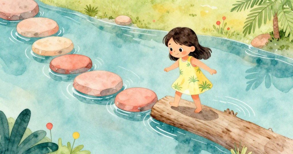 從高處俯視小池塘，莉娜踏上漂浮的原木，水面石板與漣漪交織，她神情專注，探索著細膩自然之美。