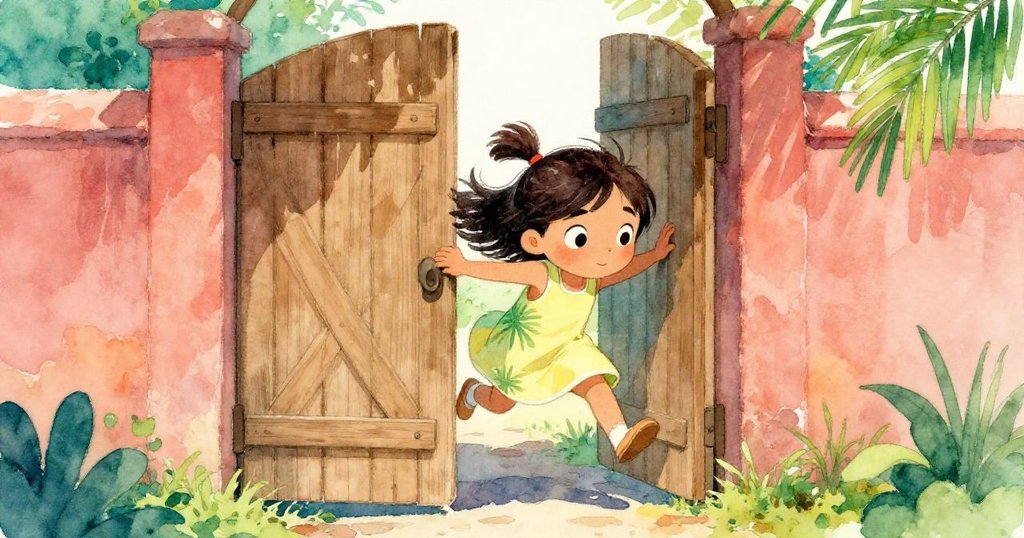 莉娜在狹窄通道中緩緩滑行，表情中充滿緊張與期待，背景中木門若隱若現，營造出懸疑氣氛。