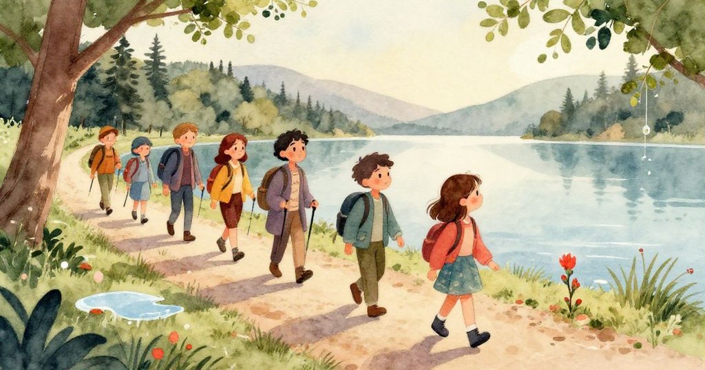 Lena發現路旁含苞的嫩芽，露珠在花瓣上閃耀，細節豐富呈現自然探險中的微妙發現。