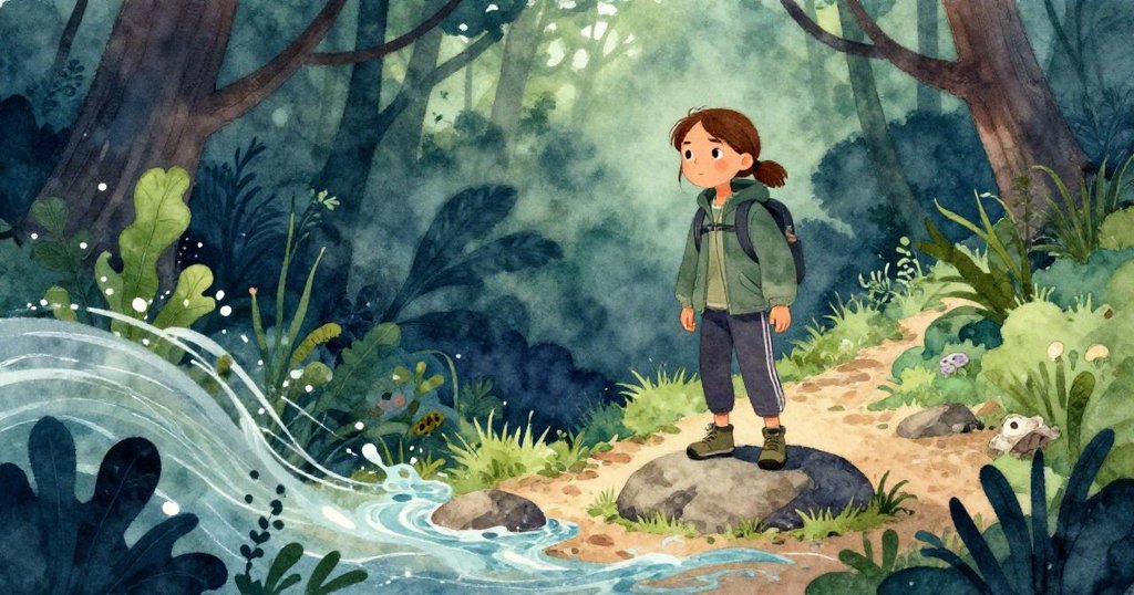 Lena站在小徑上，低角度展現面部專注神情，圓石旁水流潺潺，環境自然景致中流露驚奇與堅定。