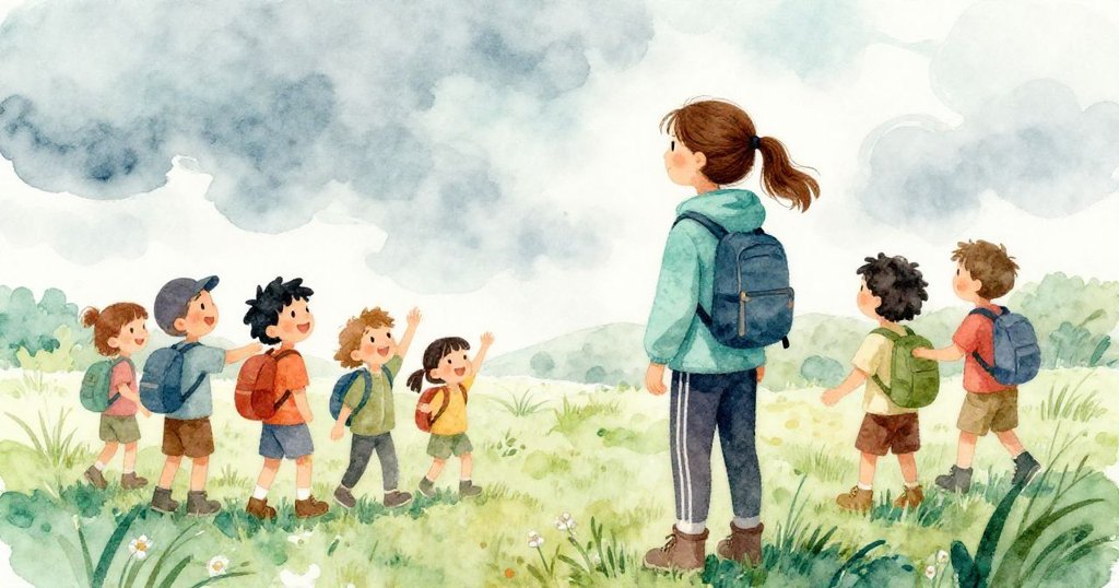 Lena和隊員停下腳步，看向遠處草地上快樂玩耍的孩子們，天空中灰雲掩映，場景充滿動感與變幻氣息。