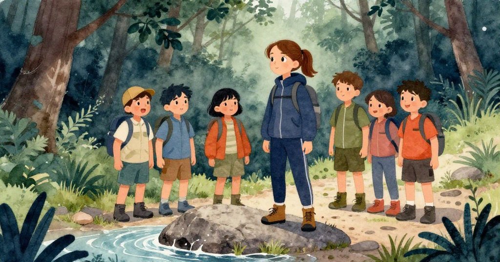 Lena與隊友圍繞孤石停步觀察，水流輕繞石周，臉上流露出疑惑與期待，場景充滿自然懸念。