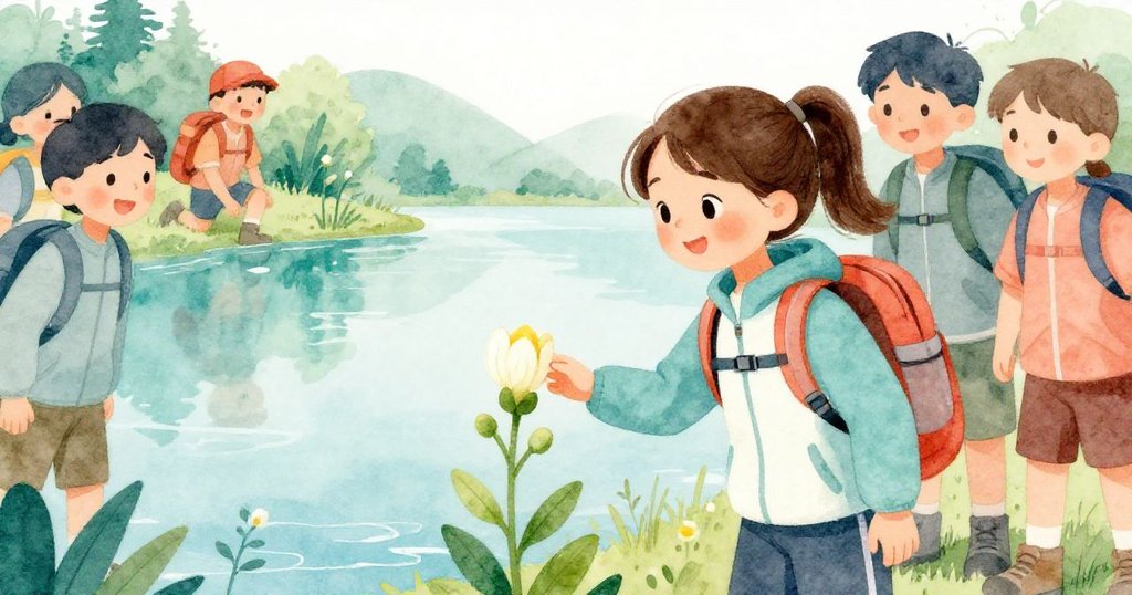 Lena在平靜湖邊溫柔觸碰微啟的花朵，隊友們微笑鼓勵，湖面倒映自然光彩，故事迎來溫馨落幕。