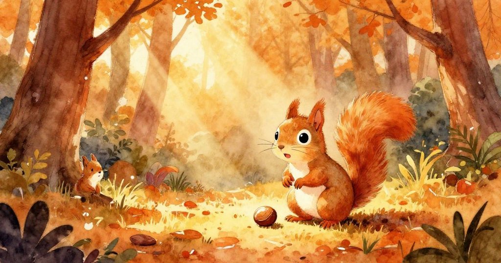 小松鼠在晨光中奔向閃亮堅果，森林充滿溫暖光線，小松鼠充滿好奇與期待，展現冒險開始感。