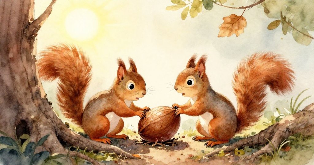 小松鼠好奇注視堅果與盤根交織的老樹根，細節豐富的自然場景展現樹皮與堅果，充滿神秘感。