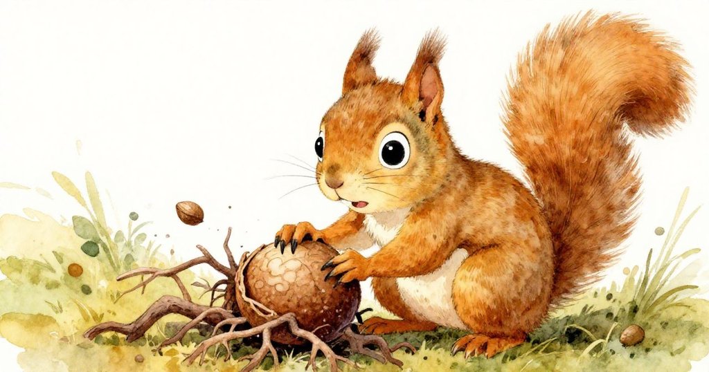 小松鼠集中精力用雙爪拉扯堅果，粗糙樹根緊緊抓住堅果，臉上顯示出努力與堅定神情，細膩呈現動作。