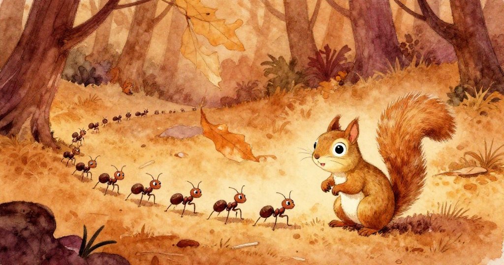 在高視角下，干枯樹葉垂懸，細小螞蟻整齊行進，小松鼠遠處穿越森林，場景充滿層次與生氣。
