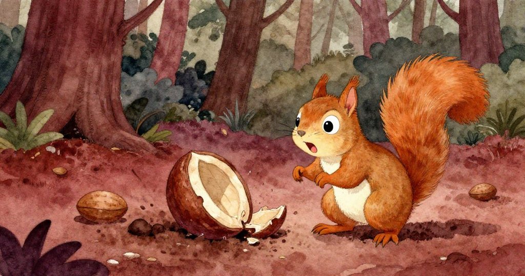 小松鼠驚訝地看著堅果在移動土壤中斷裂，堅果一半滾向青草，森林氛圍充滿變化與緊張。