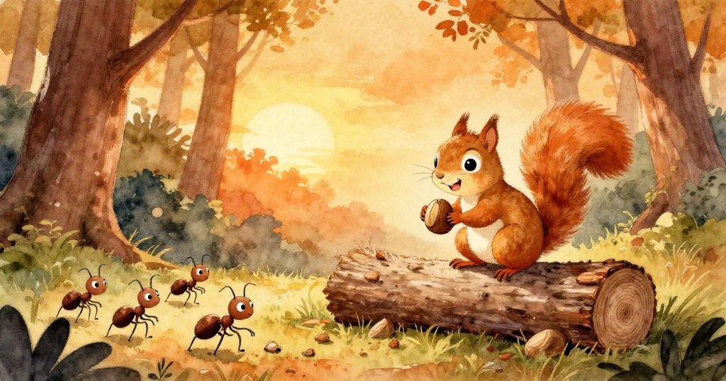 小松鼠滿懷喜悅拿著散裂堅果奔向古樹樁，螞蟻分工合作搬運餘屑，夕陽灑落森林溫暖且充滿希望。
