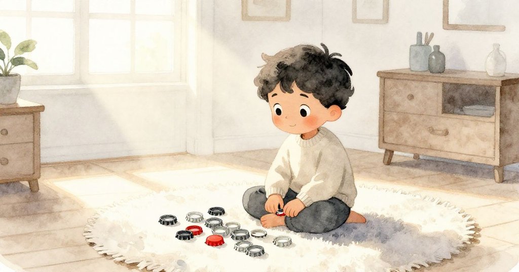 Leo坐在明亮房間的地毯上,周圍散落著二十一個瓶蓋,陽光灑進房內,充滿期待與溫暖喜悅。