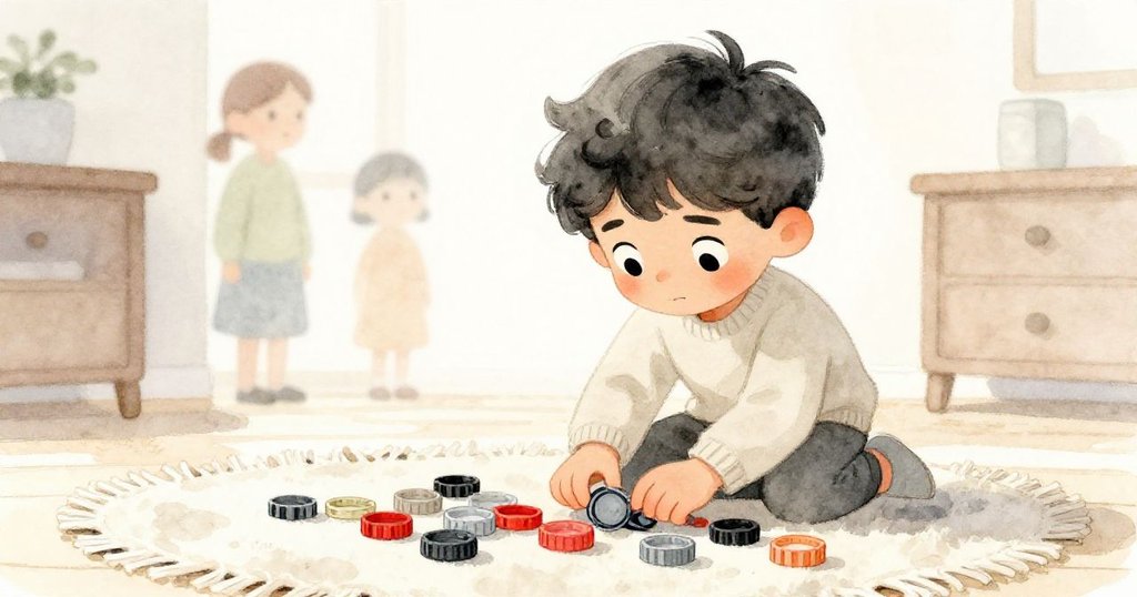 Leo低角度整理瓶蓋,臉上滿是專注與喜悅,背景中隱約傳來鄰居低吟哼唱,展現溫馨決心。