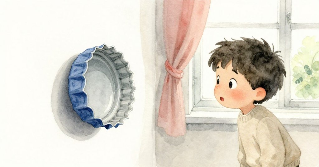 藍色瓶蓋隨Leo動作輕輕滾向牆邊,窗外庭院綠意映襯室內光線,呈現溫馨動感的和諧景象。