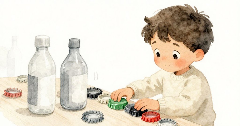 Leo謹慎選擇並按壓整理瓶蓋,綠色瓶蓋突顯決定,背景中樓下低沉笑聲增添故事氛圍,動作堅定。