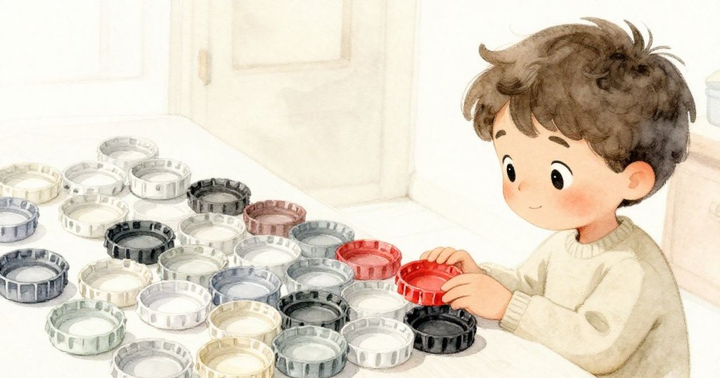 Leo滿意地欣賞整齊排列的三色瓶蓋行列,溫暖房間中洋溢著和諧喜悅,鄰居微笑氣氛增加家庭溫馨感。