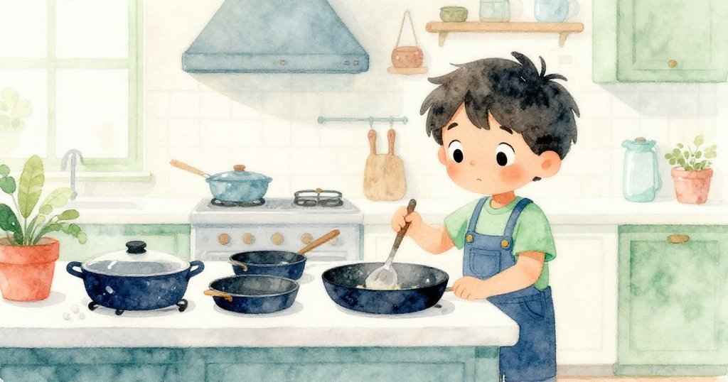 Leo站在溫暖明亮的廚房中,四個鍋子在櫃台上閃著光,他面帶好奇微笑,廚房溫馨,故事剛開始。