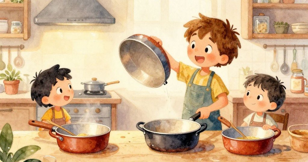 Leo的手輕柔地推開卡在鍋子間的小湯匙,鏡頭特寫細節展現金屬光澤,進入故事發展。